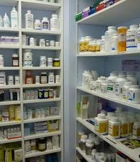 On-site pharmacy shelves of medications
