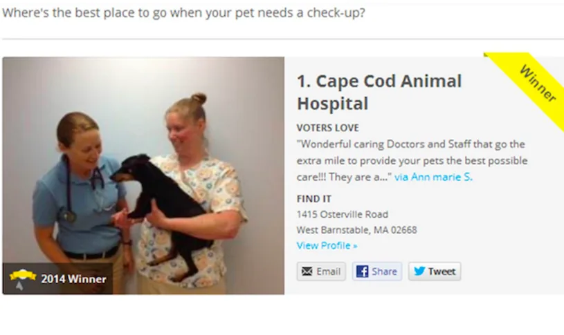 2014 Choice Winner listing for Cape Cod Animal Hospital: wonderful caring doctors and staff that go the extra mile